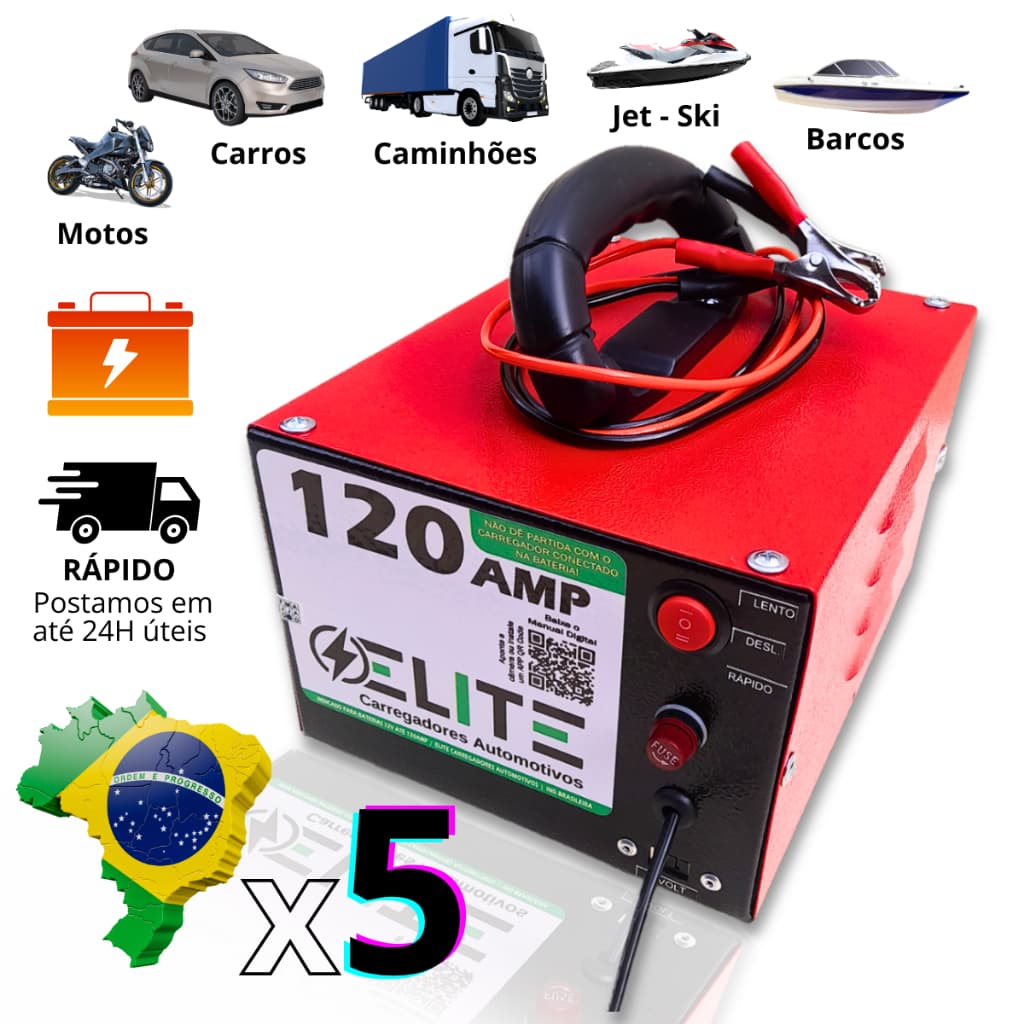 Kit 5 peças Carregador de Bateria Elite 12V 5Ah Baterias até 120amp Tradicional