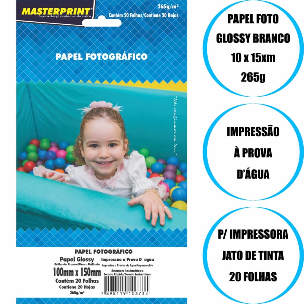 Papel Fotográfico Glossy Tamanho 10x15cm Impressão Prova D'água 265g 20 Folhas