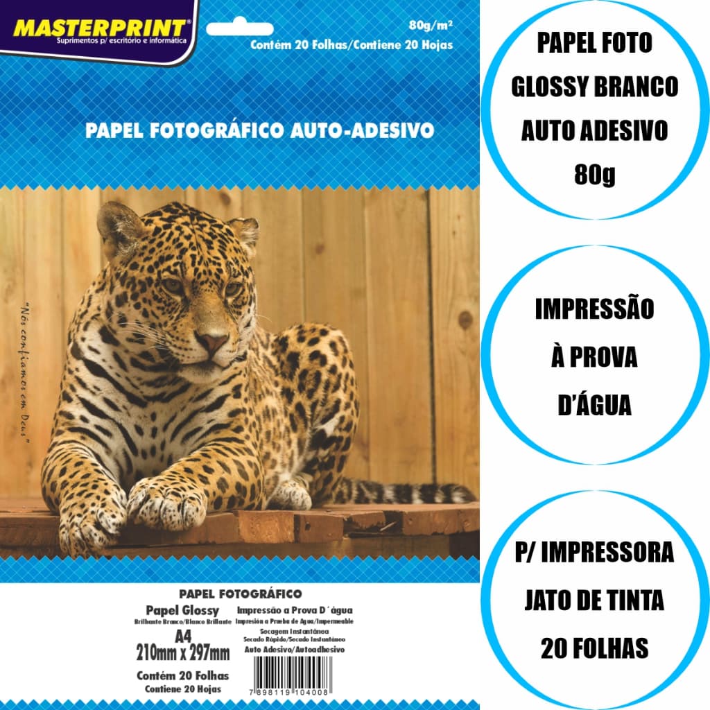 Papel Foto Fotográfico Glossy AUTO ADESIVO 80g Tamanho A4 - 20 Folhas