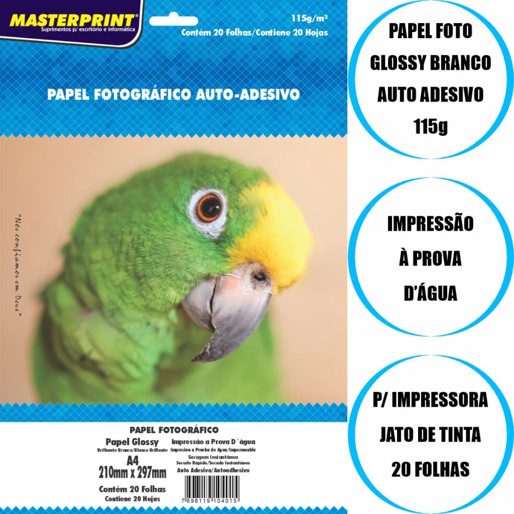 Papel Foto Fotográfico Glossy AUTO ADESIVO Fotográfico 115g A4 - 20 Folhas