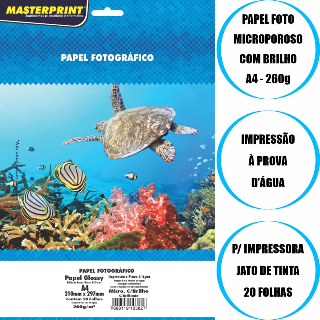 Papel Fotográfico Glossy MICROPOROSO COM BRILHO 260g A4 20 Fls