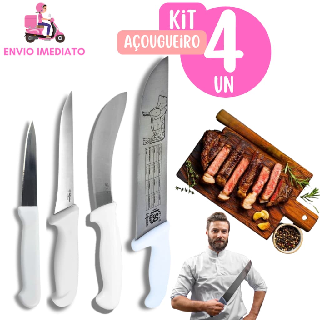 Kit 4 Facas 1 Tira Couro 7 + 1 Faca de Desossa + 1 Faca Acougueiro 10p + Peixeira 3.5p Aço Inox Cabo Branco