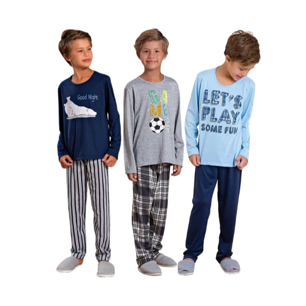 Kit 3 Pijama Infantil Menino Inverno Comprido Sortido Quentinho e Confortável