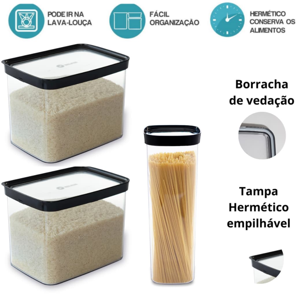 Kit com 3 Potes Herméticos (2 potes 4L + 1 pote de 2L) - Para Arroz, Farinha e Pães | Boa vedação
