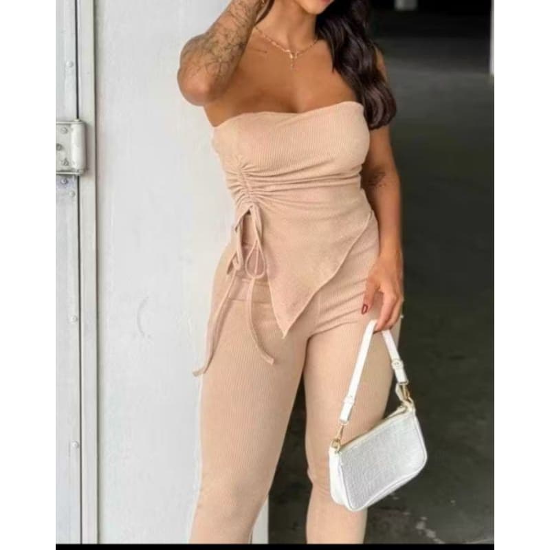 conjunto canelado tomara q caia com bojo calça bailarina boca de sino flare casual outono-inverno