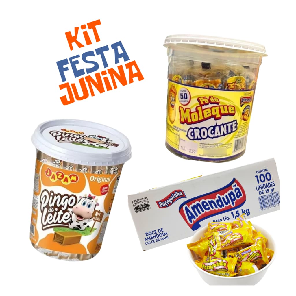Kit Festa Junina = Pingo de Leite - Paçoca Rolha - Pé de Moleque Crocante