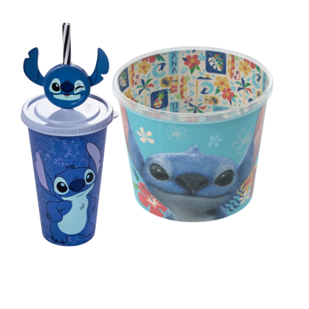Balde de Pipoca Decorado e/ou Copo de Refrigerante com Pin Disney Stitch Hora do  Cinema
