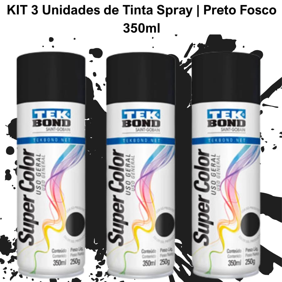KIT 3 Unidades de Tinta Spray | Preto Fosco 350ml | TEKBOND