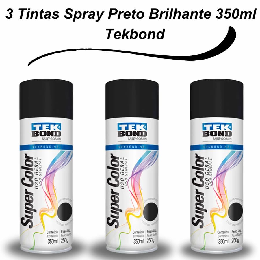 Kit 3 Tintas Spray Preto Brilhante 350ml - Tekbond