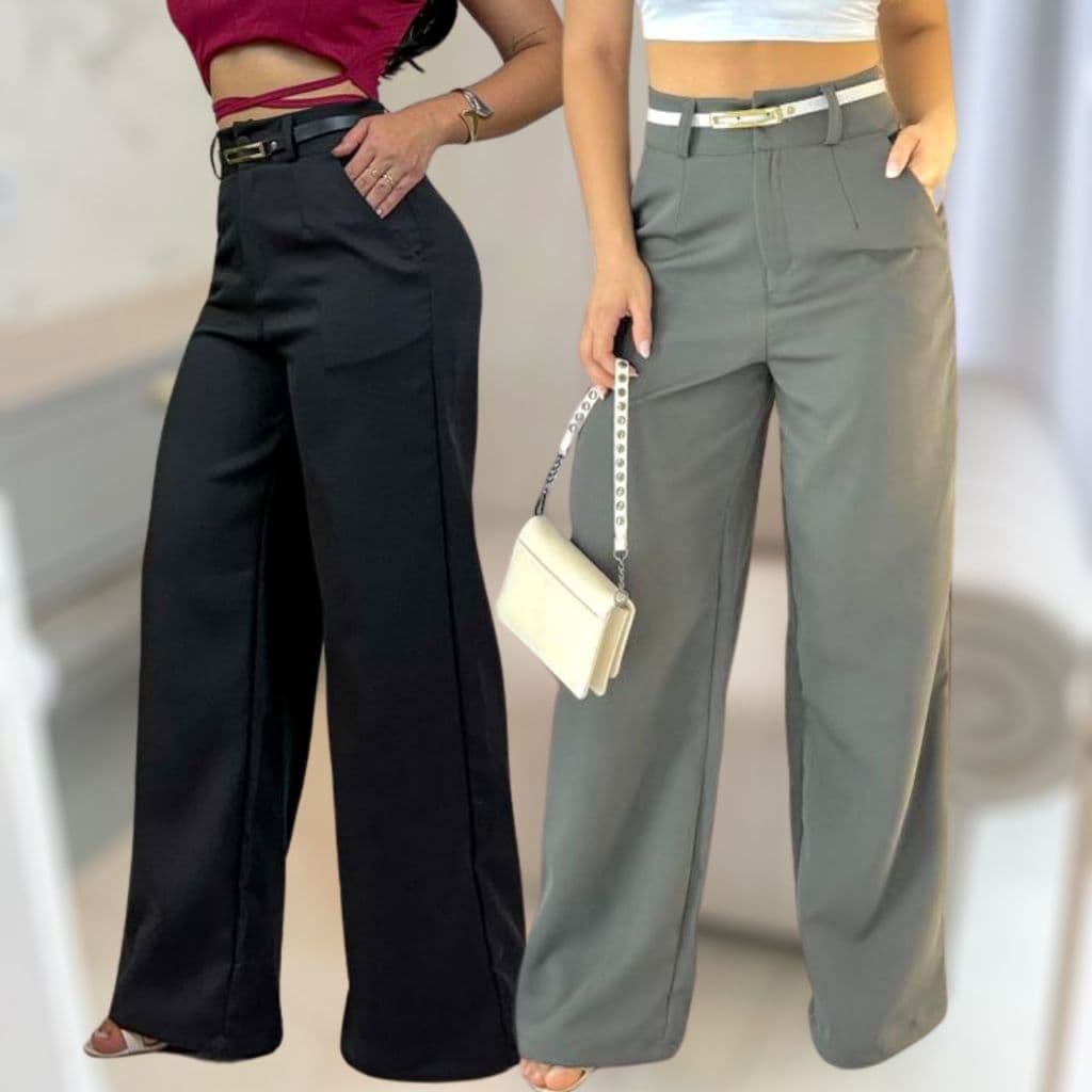 Kit 2 Calça Pantalona Feminina Alfaiataria Moderna Gringa Com Botão Casual Elegante