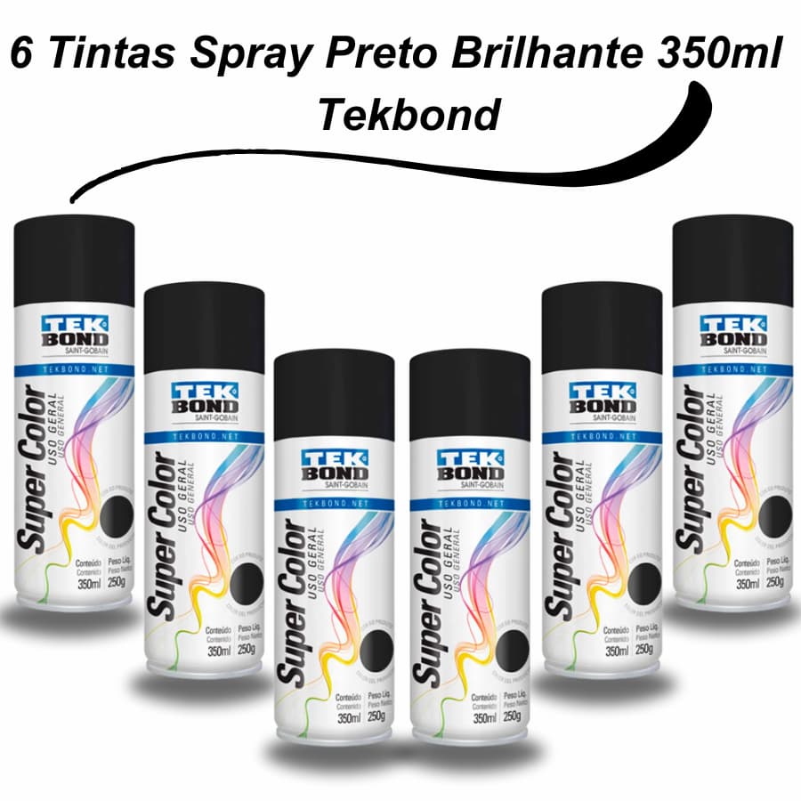 Kit 6 Tintas Spray Preto Brilhante 350ml - Tekbond