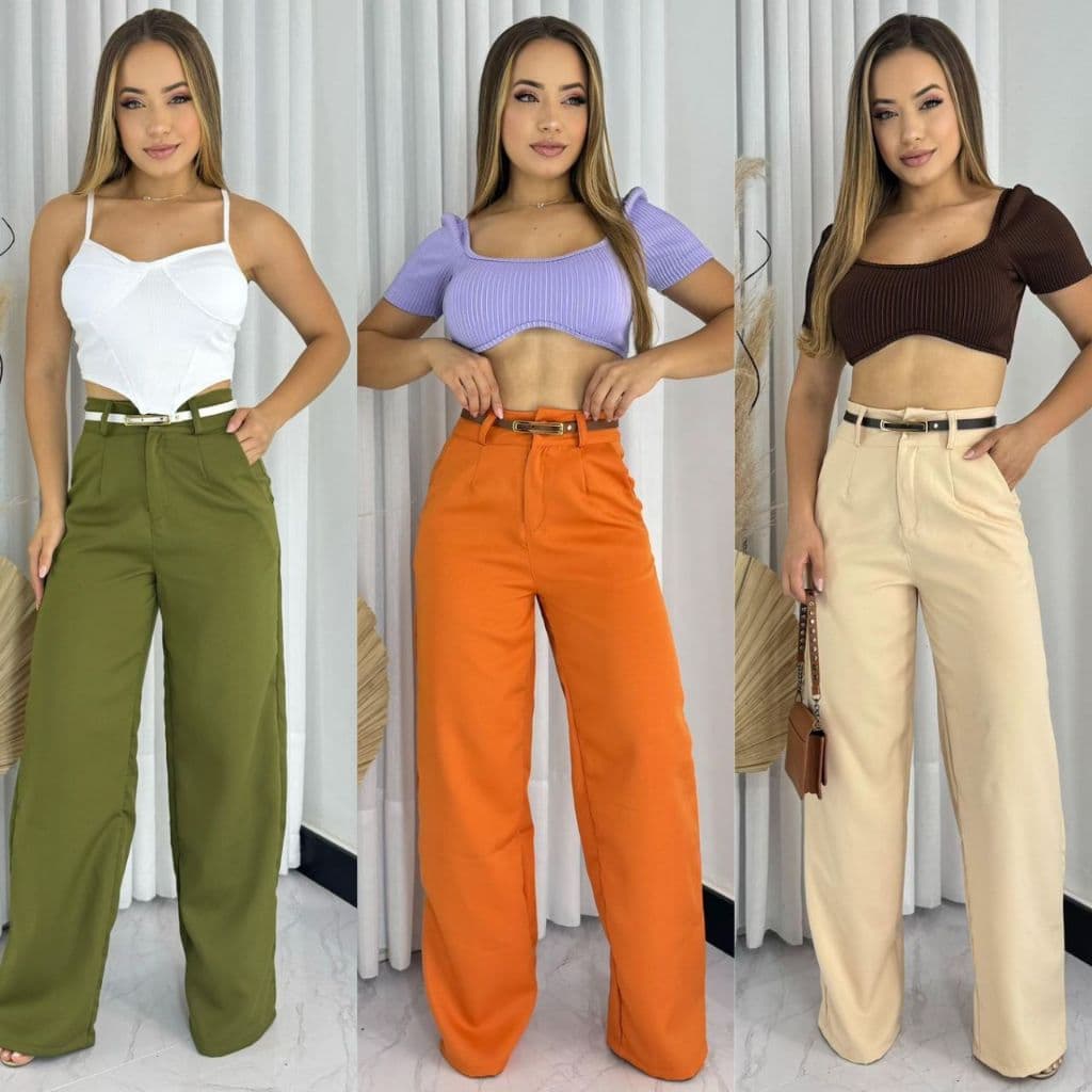 Kit 3 Calça Pantalona Alfaiataria Feminina Com Botão Casual Elegante Moda Chic