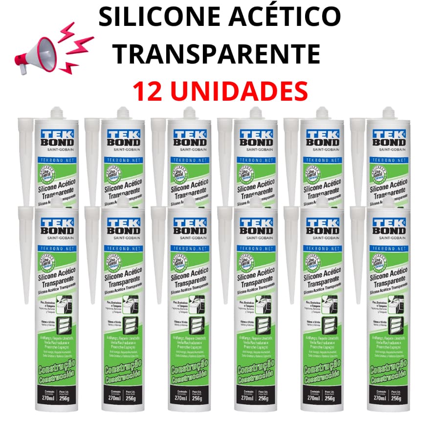 Kit com 12 unidades de Silicone Acético Transparente Incolor Tek Bond Construção 256g