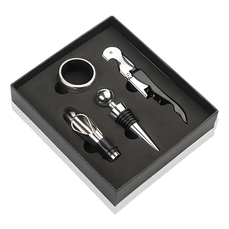 Kit Vinho 4 Peças Abridor Bico Dosador Anel Corta Gotas e Tampa