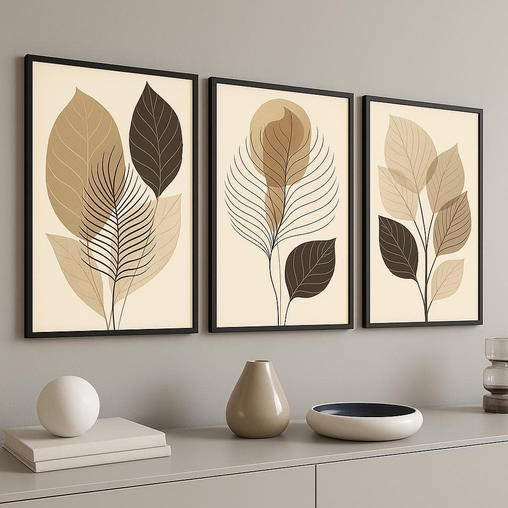 Quadros Decorativos 3 Peças Mosaico Trio Folhagem Folhas Neutro Moderno