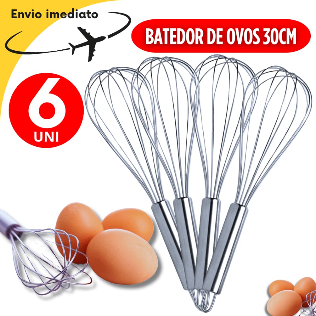 Kit 06 Unidades Batedor Fuet Clara Ovos Omelete Massas em Aço Inoxidável 30 Resistência Durabilidade