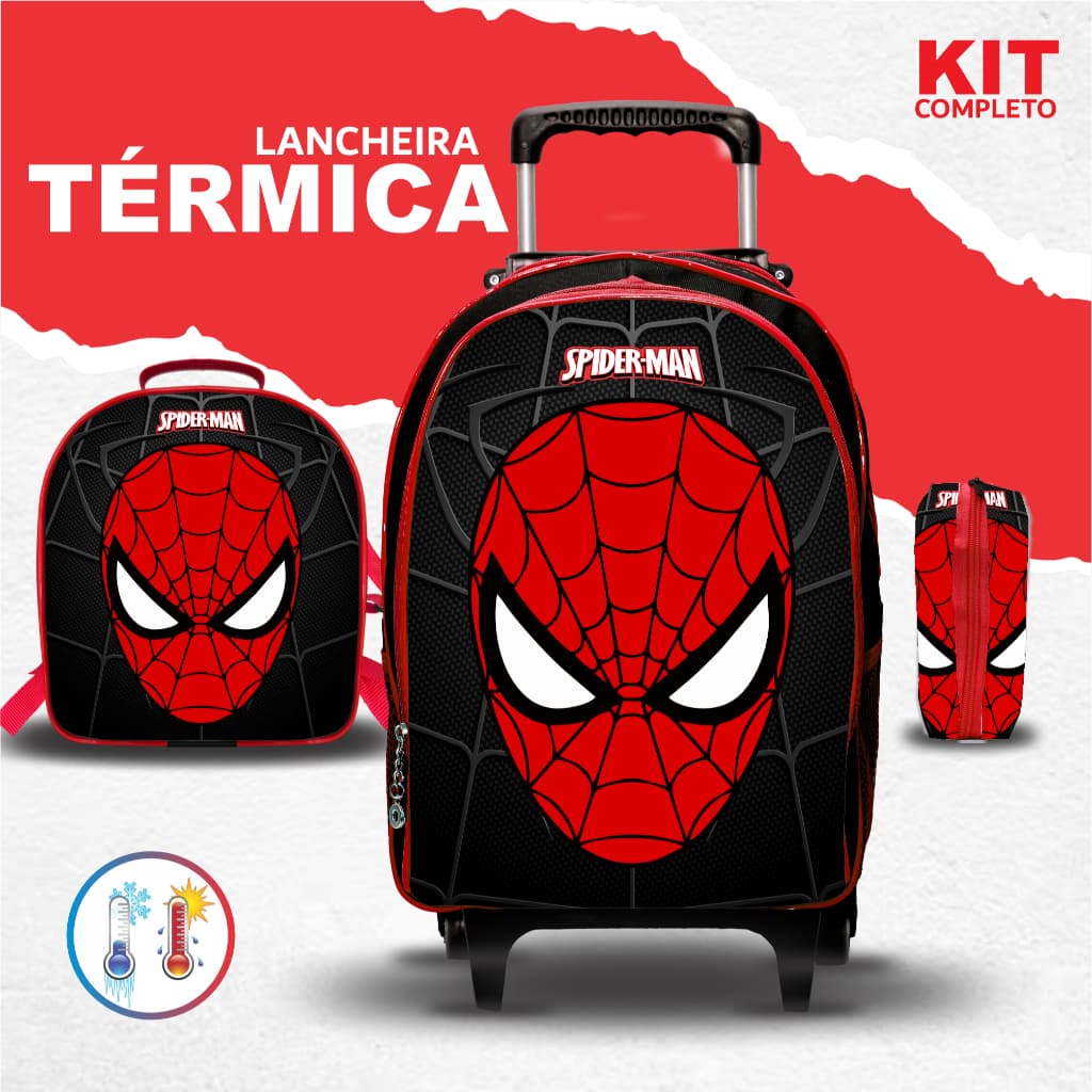 Mochila Escolar Aranha + Lancheira TÉRMICA e Estojo - Rodinhas - Menino - Masculino