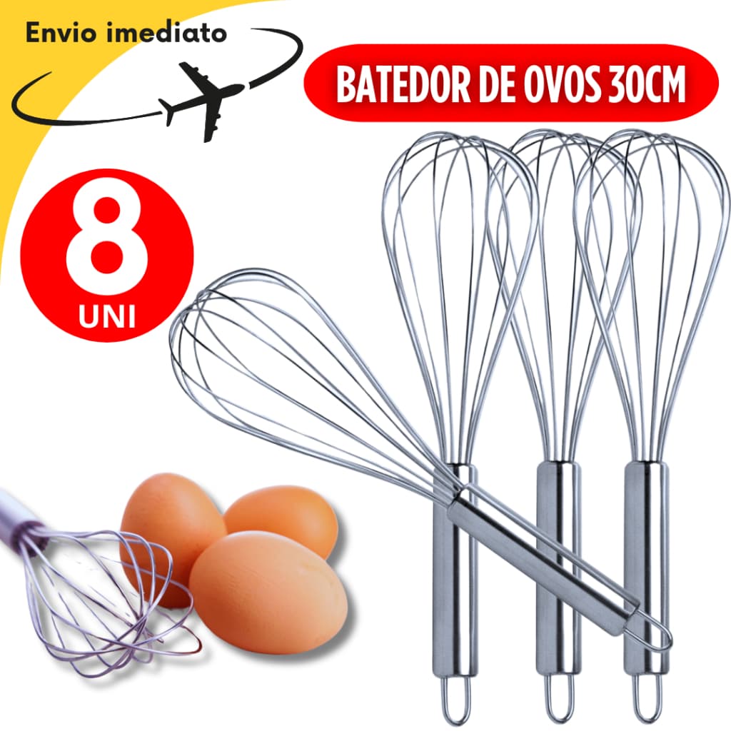 Conjunto 08 Peças Batedor Fuet Clara Ovos Omelete Massas em Aço Inoxidável 30 Resistência Durabilidade