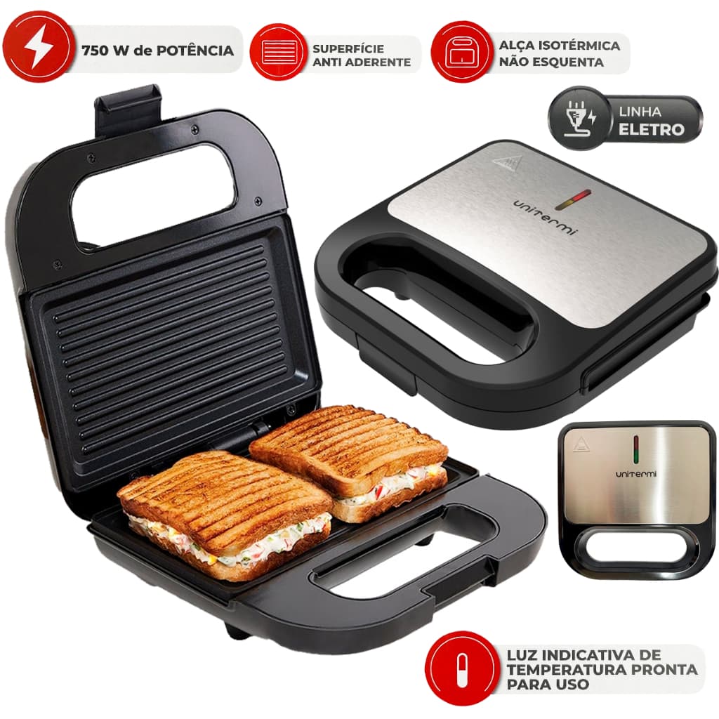 Sanduicheira e Grill Inox antiaderente Elétrica 127V desing inovador praticidade e beleza 750w Chapa