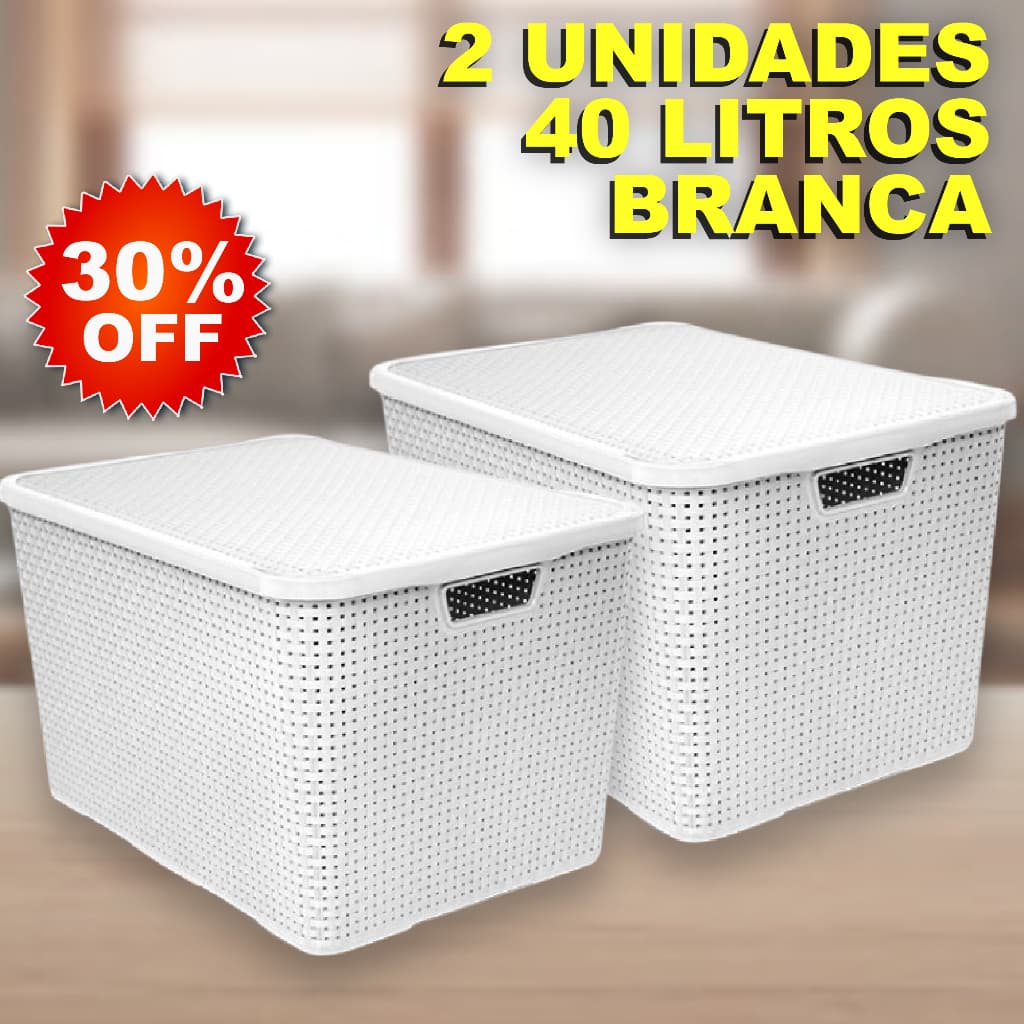 Kit 2 Caixa / Cesta Organizadora Grande 40 Litros Empilhavel Rattan BRANCA Com Tampa - Cesto Organizador 40L