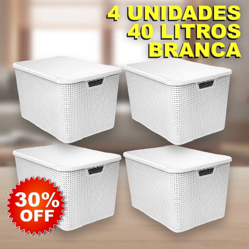 Kit 4 Caixa / Cesta Organizadora Grande 40 Litros Empilhavel Rattan BRANCA Com Tampa - Cesto Organizador 40L