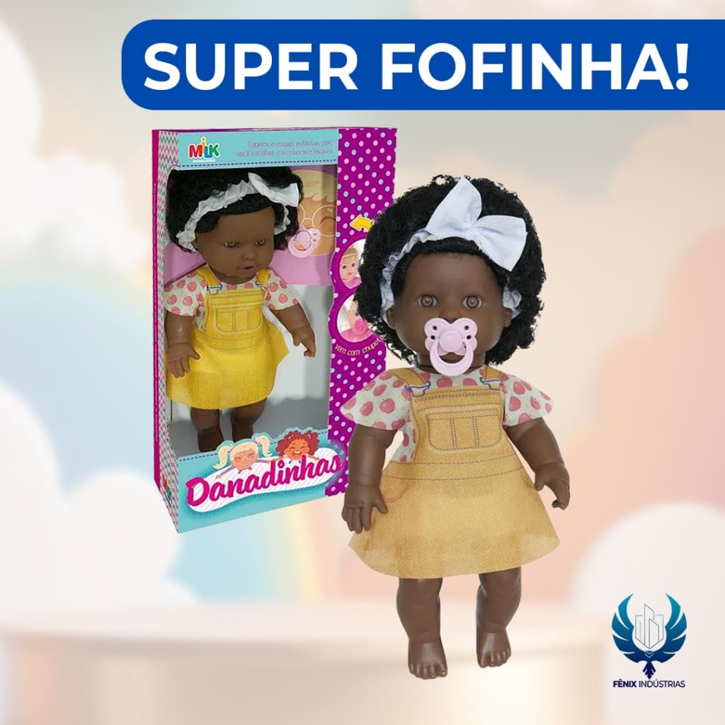 Boneca Negra Danadinha Sapeca com Chupeta – 35cm | MILK Brinquedos – Ref. 768