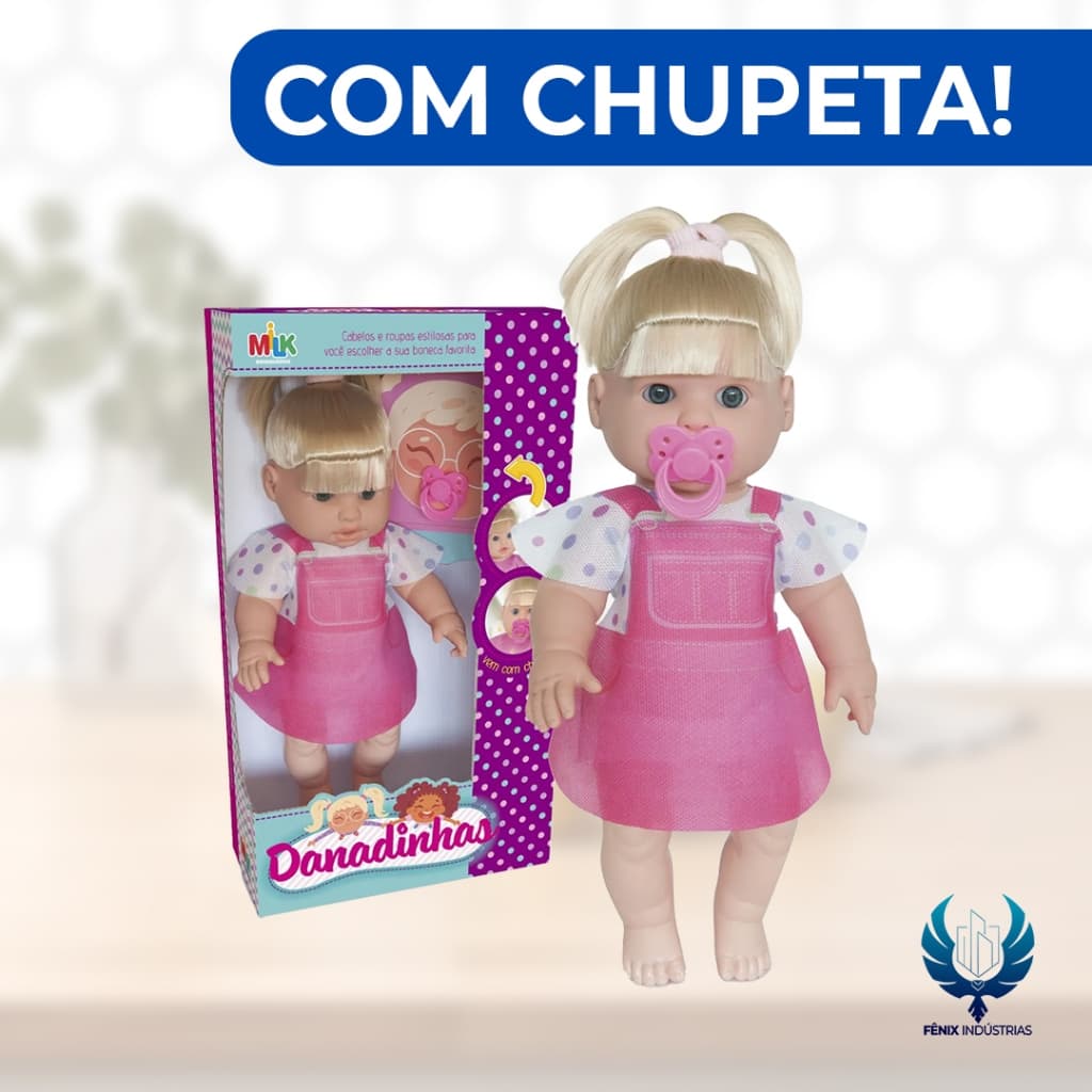 Boneca Danadinha Loira com Chupeta – 33cm | Milk Brinquedos – Ref. 765
