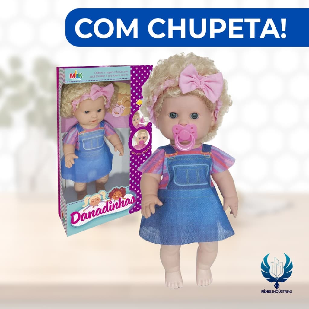 Boneca Danadinha Loira com Chupeta – 42cm | Milk Brinquedos – Ref. 767