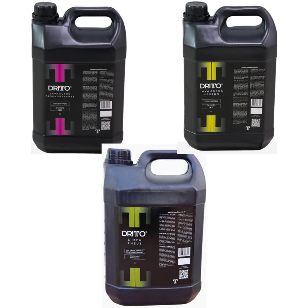 Kit Estética Automotiva Dritto 15L | Lava Autos Neutro + Desengraxante + Limpa Pneus e Borrachas