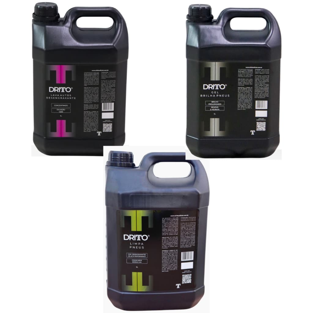 Kit Dritto 3x5L | Desengraxante + Limpa Pneus + Gel Brilha Pneus | Lavagem Automotiva