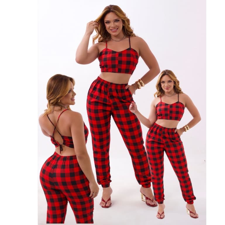 Conjunto Xadrez Feminino Cropped e Calça jogger de luxo