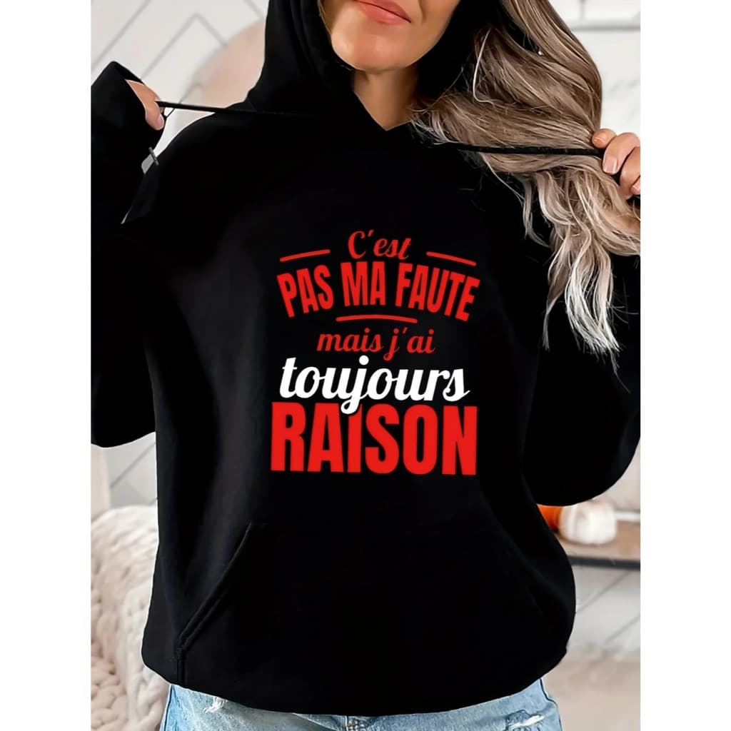 Moletom com capuz estampado gráfico ``C´Est Pas Ma Faute´´ e cordão, blusa de moletom casual Unisex no inverno e outono