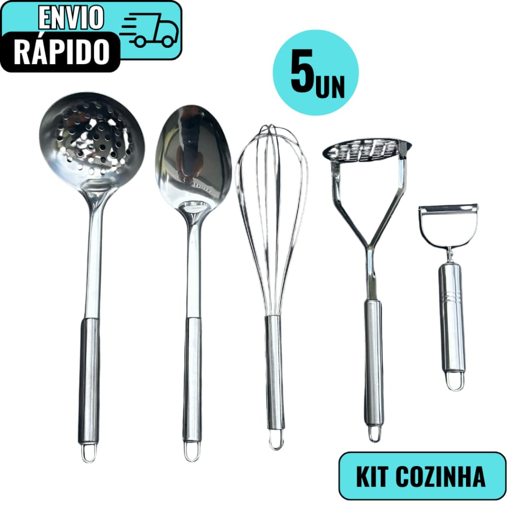 Jogo Utensílio De Cozinha Aço Inox 5 Peças Colher De Arroz Escumadeira Batedor Descascador Amassador