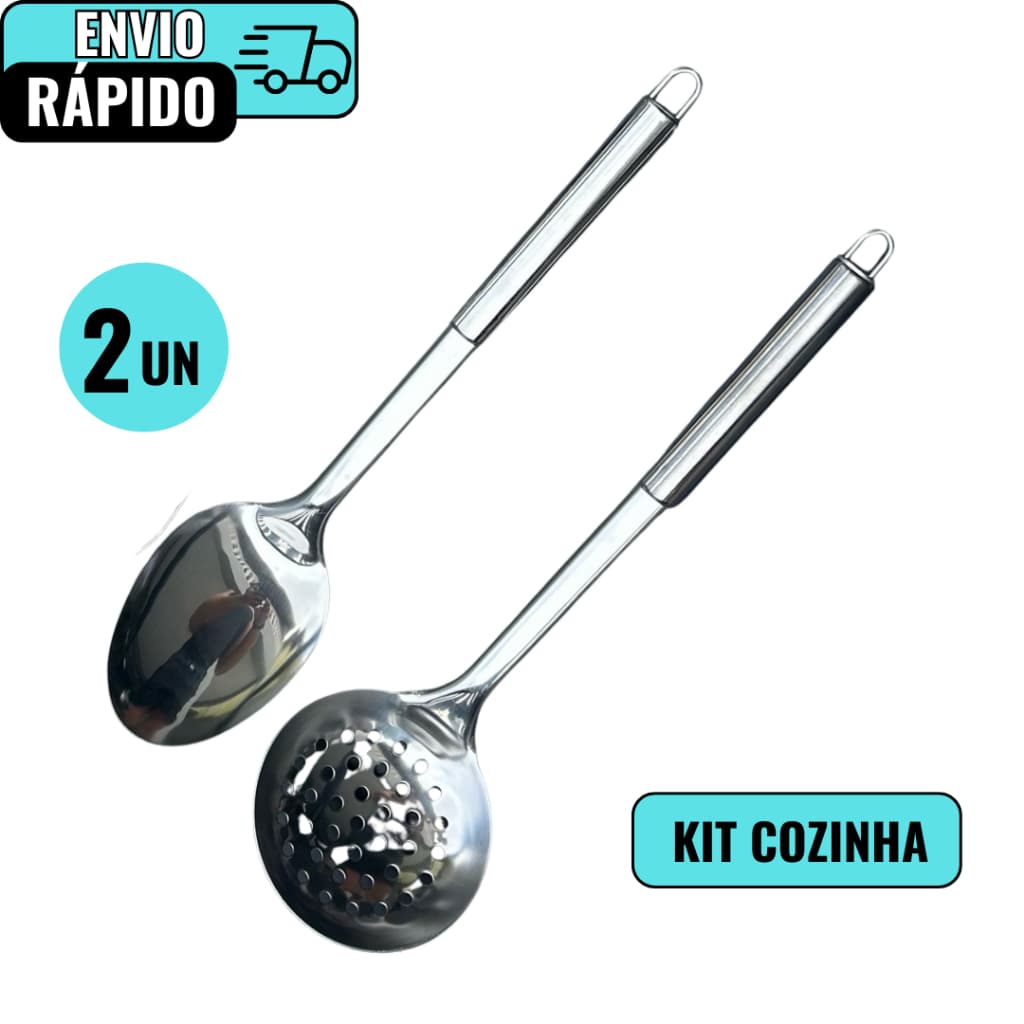 Jogo Utensílio De Cozinha Aço Inox Premium 2 Peças Colher De Arroz E Escumadeira Para Frituras