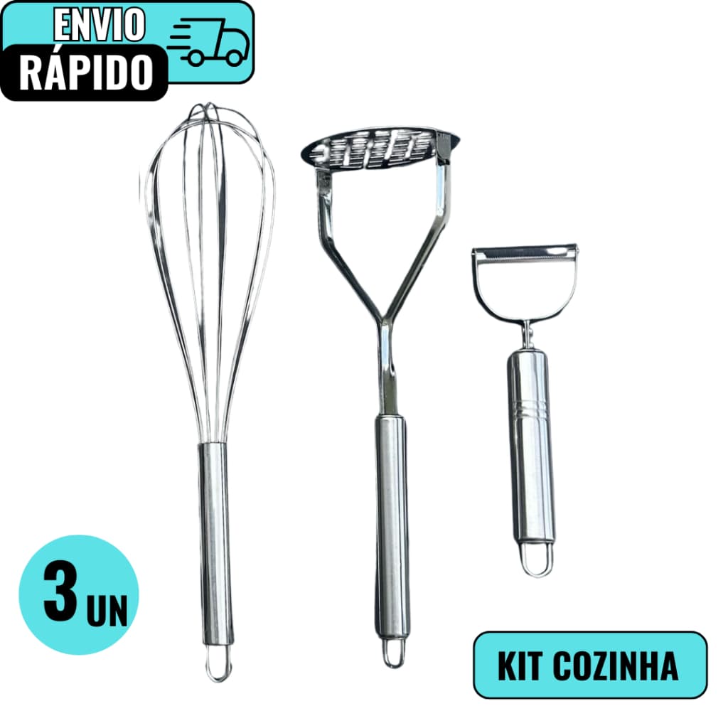 Jogo Utensílio De Cozinha Aço Inox 3 Peças Batedor De Ovo Descascador de Legumes Amassador De Batata