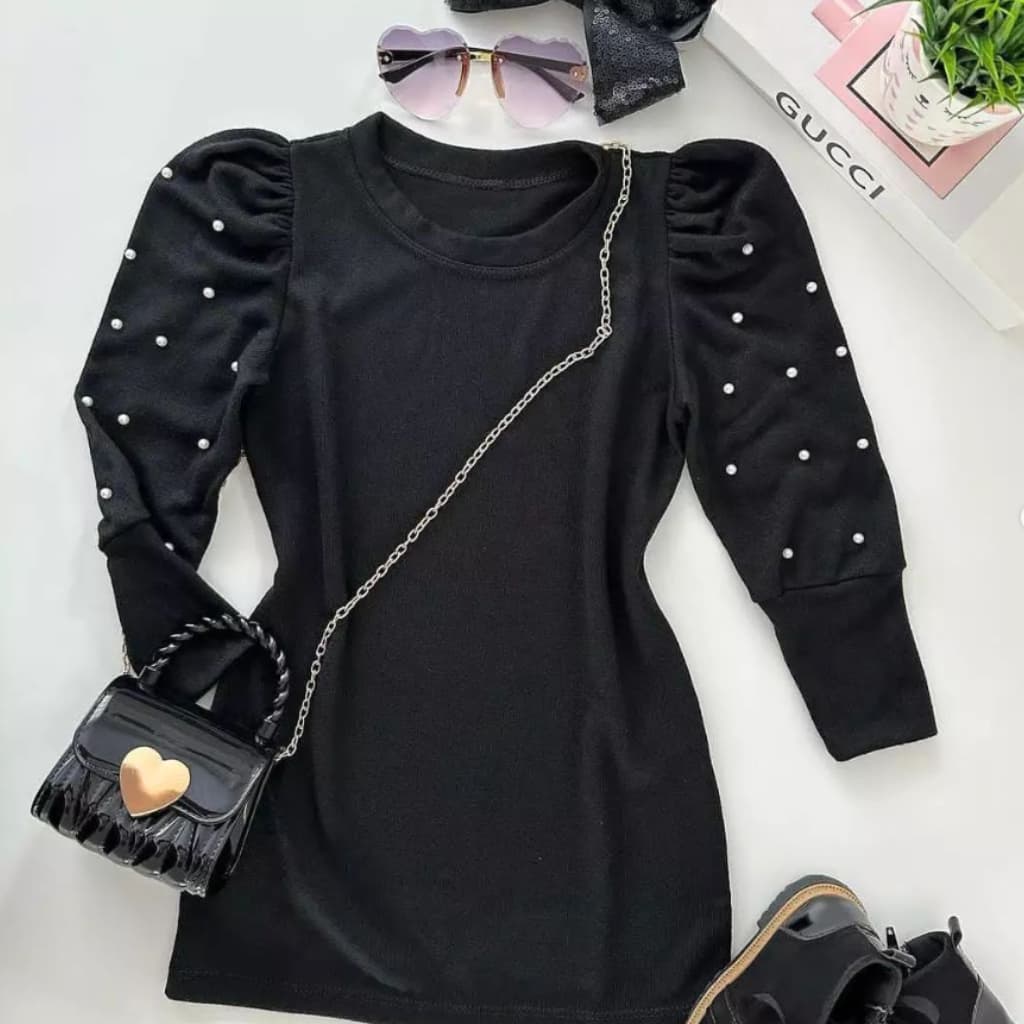 Vestido Infantil Menina Manga Longa Lãzinha Pérolas Charmoso