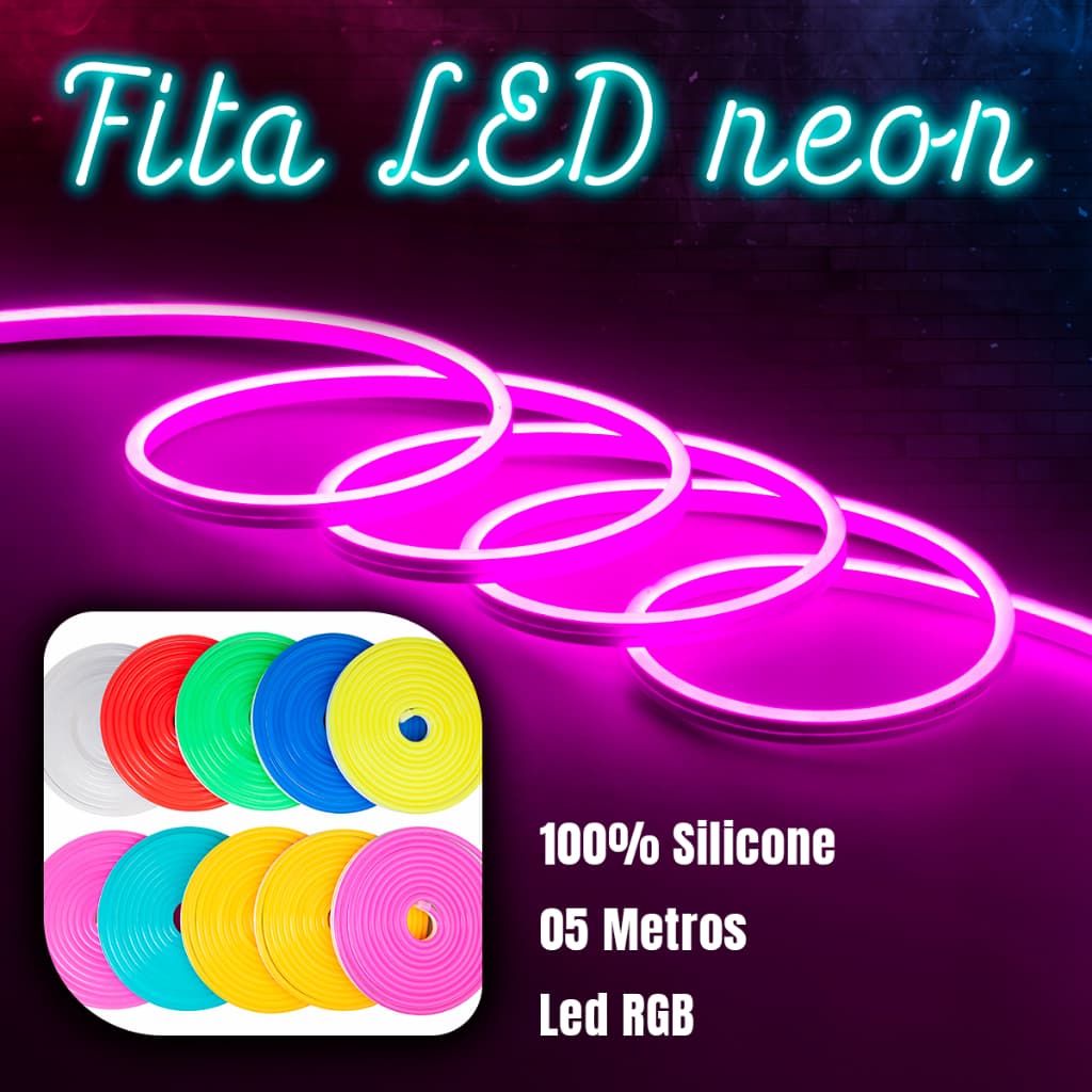 Fita de LED Mangueira Neon Flexível Siliconada Alto Brilho IP65 5m 12V Com ou Sem Fonte Decoração
