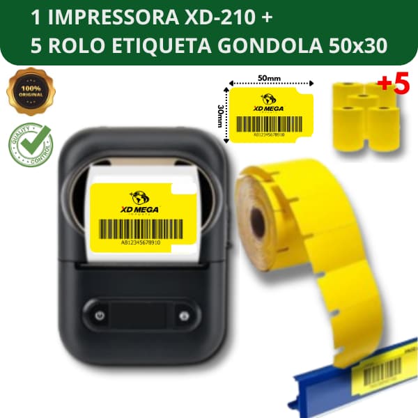 1 IMPRESSORA BUETOOTH XD-210 + 5 ROLO ETIQUETA GONDOLA 50x30