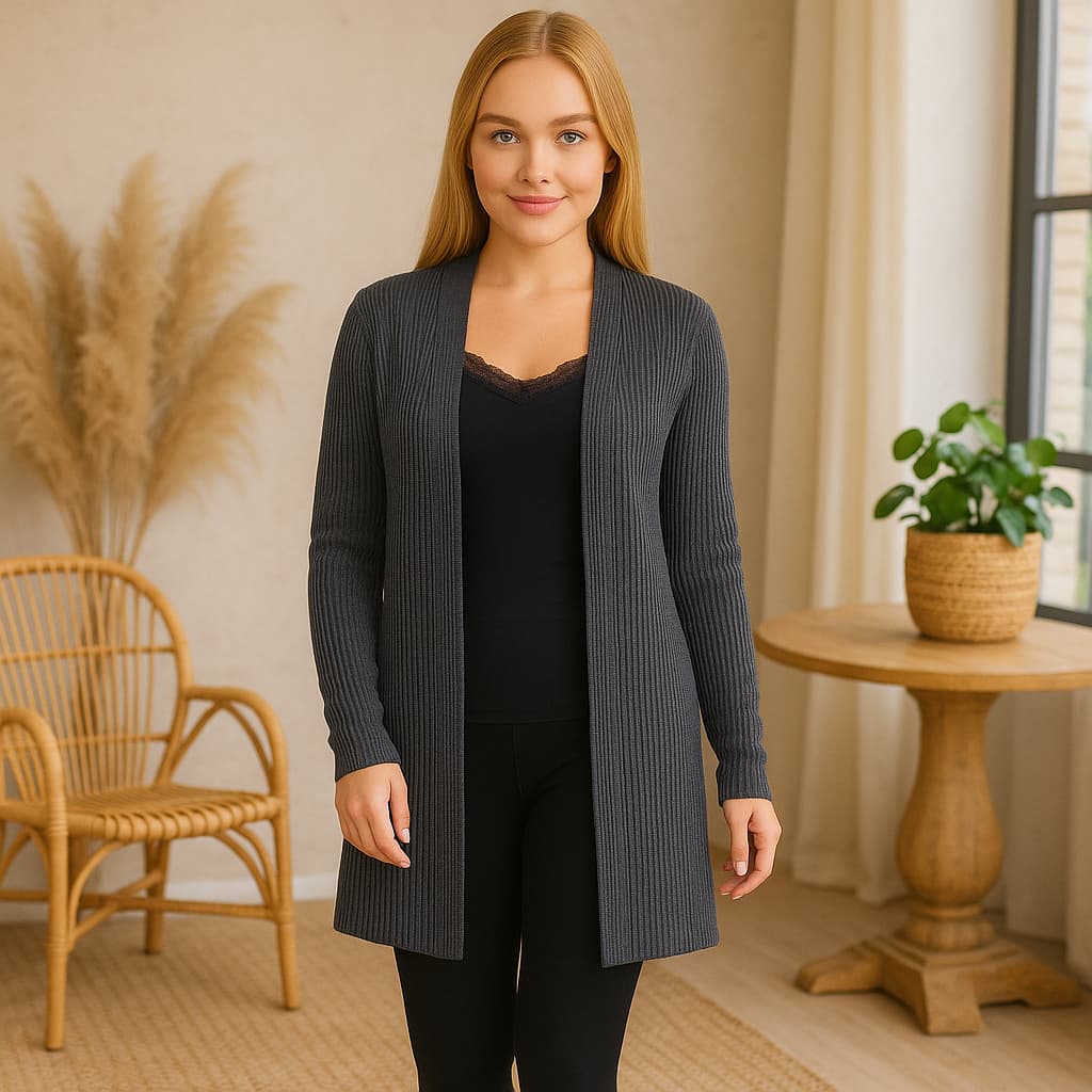 Cardigan Manga Longa Tecido Canelado Casaco Kimono de Inverno Feminino Fabiane