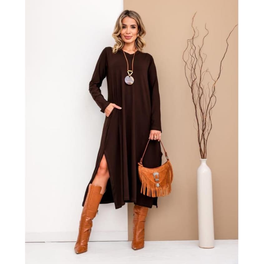 Vestido Longo de Inverno Manga Longa Midi Saruel Moda Evangelica c Bolso veste 42 ao 48
