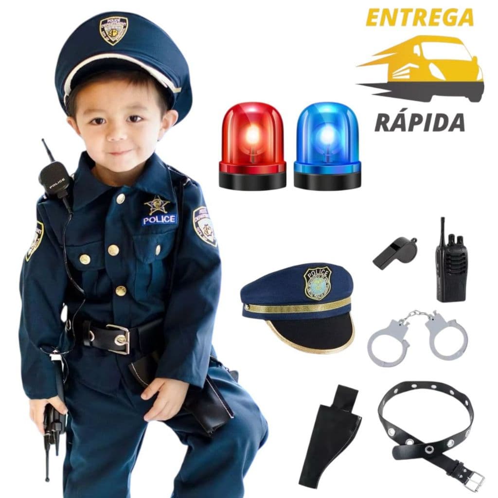 Conjunto 8 Peças De Fantasia Crianças Uniforme Policial Fantasia Cosplay Até 10 anos.