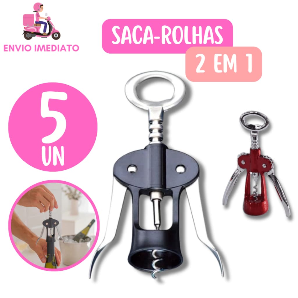 5 Saca Rolhas Abridor de Garrafa Inox 2 em 1 Reforçado Manual para Casa Cozinha Adega Vinícola Bar