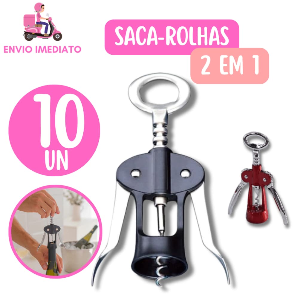 Kit 10 Saca Rolhas Abridor de Garrafa Inox 2em1 Reforçado Manual para Casa Cozinha Adega Vinicula