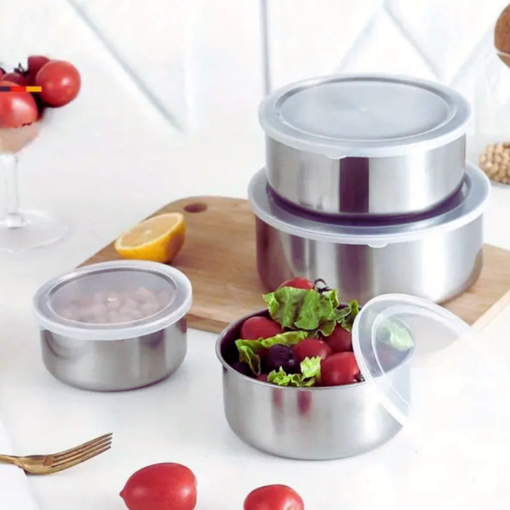 Conjunto 5 Potes Herméticos Redondos com Tampa Inox Kit Vedação Porta Alimentos Cozinha Marmita Empilhável Multiuso Casa