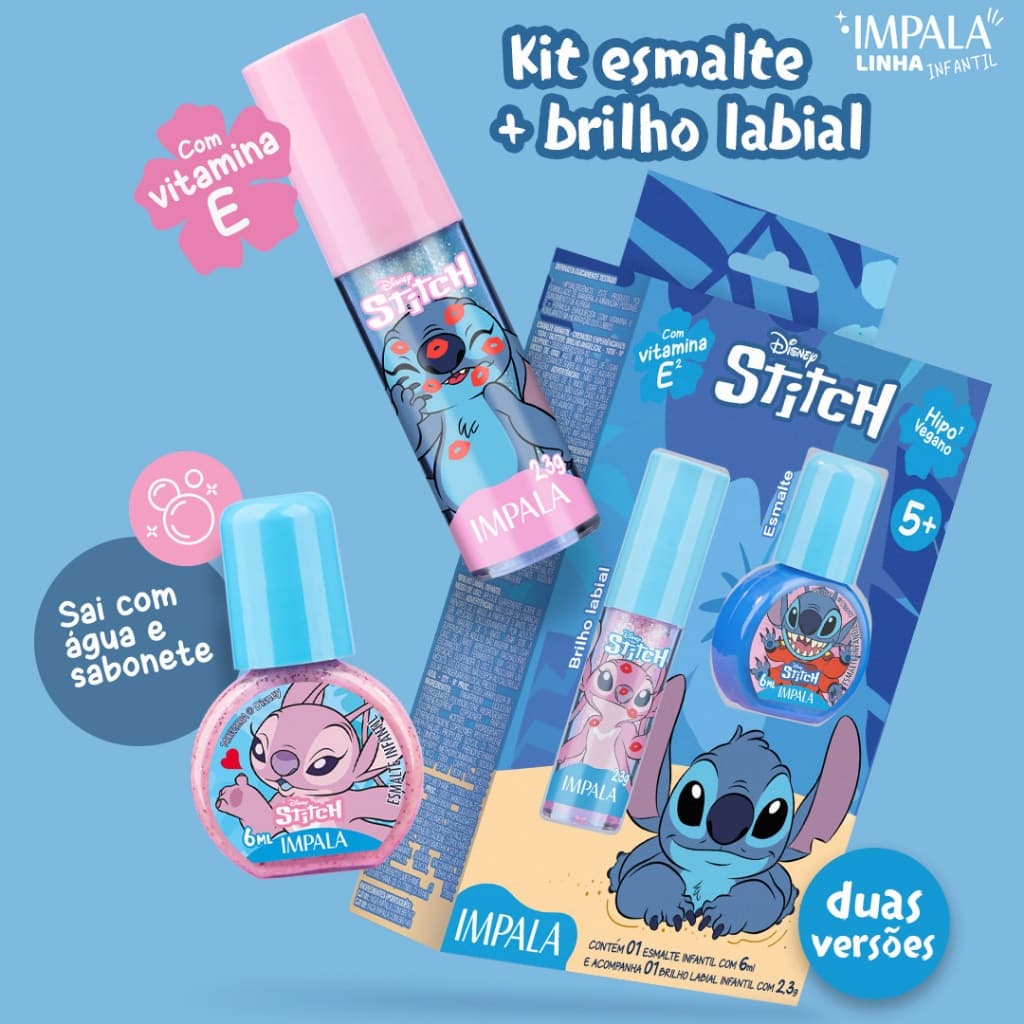 Gloss Labial Stitch & Angel Kit Esmalte + Brilho Labial Infantil Impala