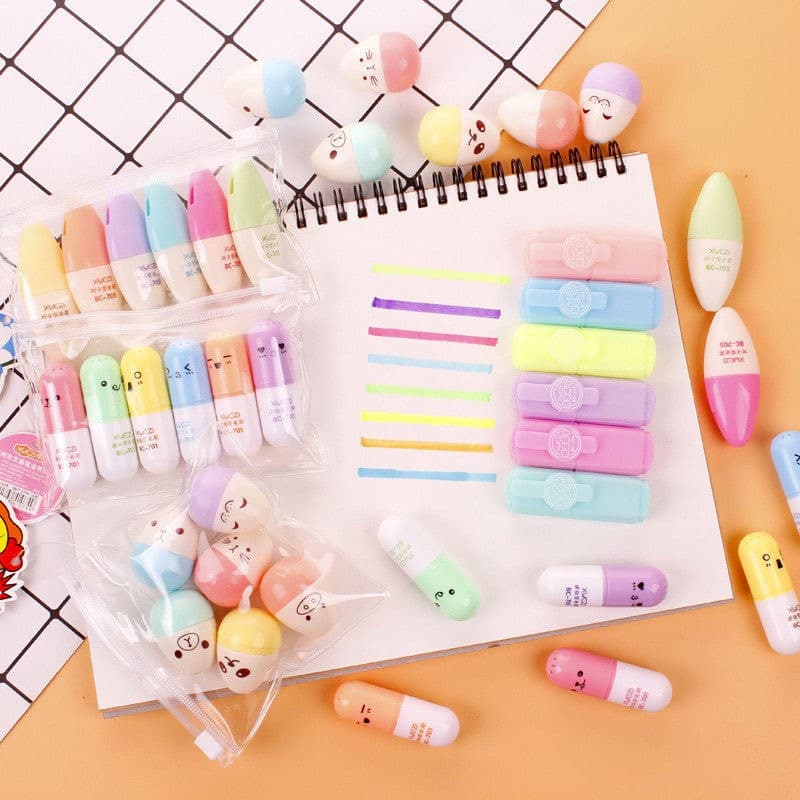 Kit 3/5/10 Pacotes/Com 6 Peças Mini Marcador De Texto / Kawaii Desenho Fofo Marca Texto