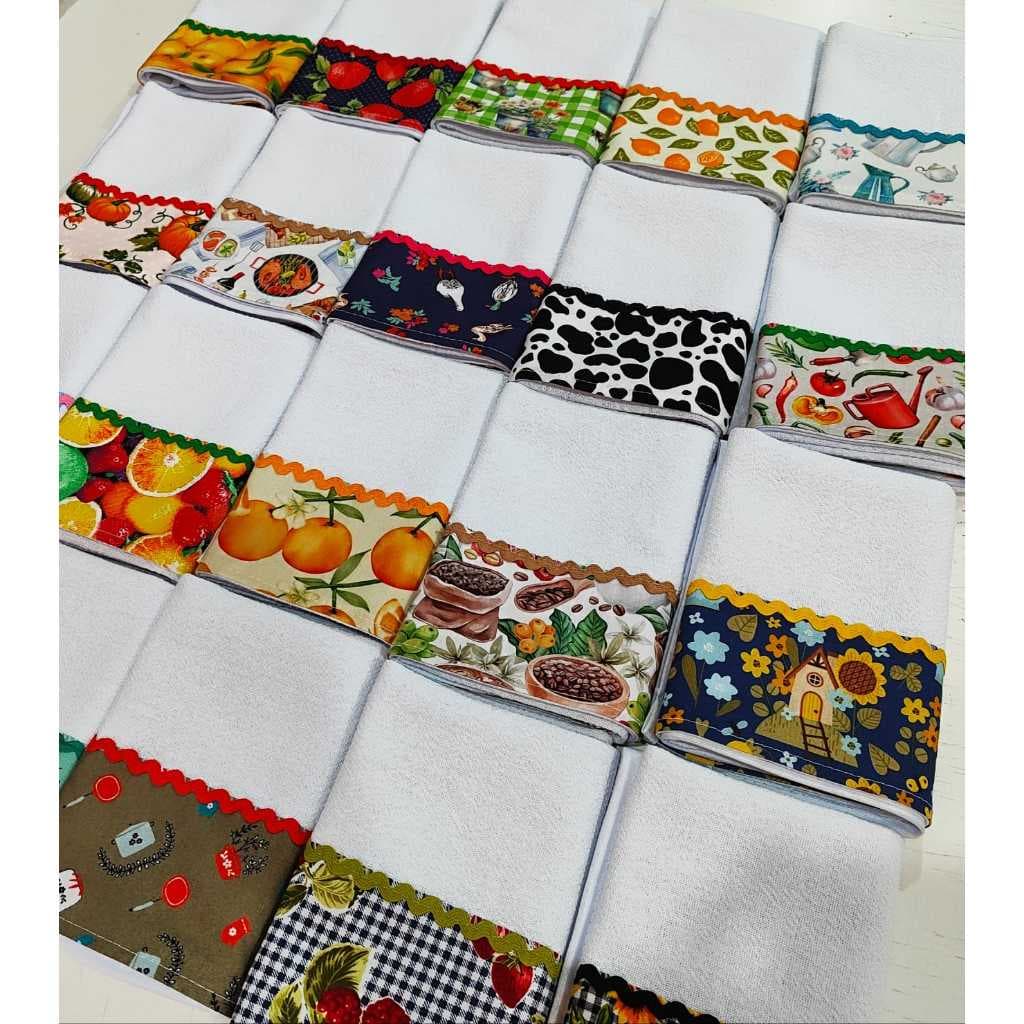 Pano de Prato para Artesanato com Barrado Estampado kit 05 pçs