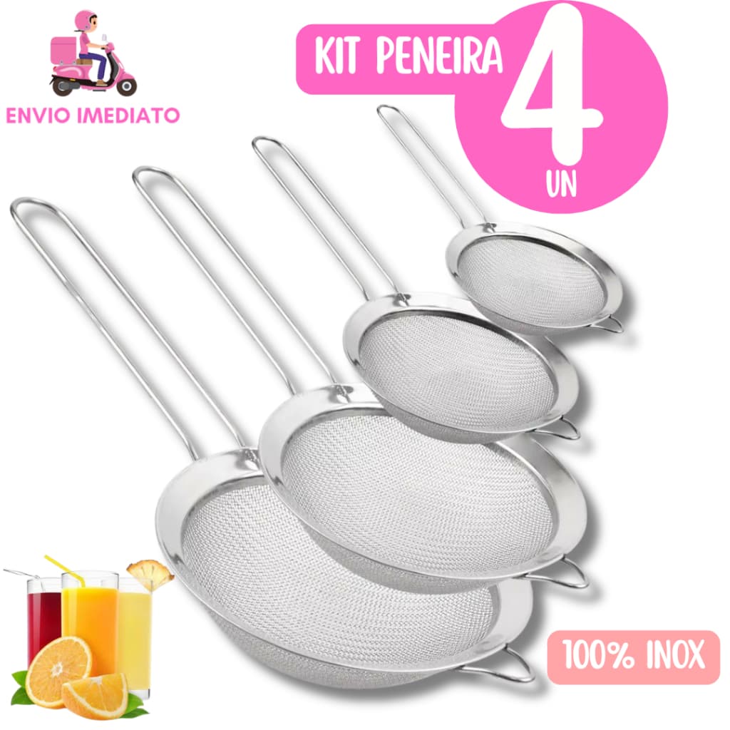 Kit Peneira Coador em Aço Inox Multifuncional  Para Farinhas Alimentos Frutas uso Cozinha 10cm 12cm 14cm 20cm