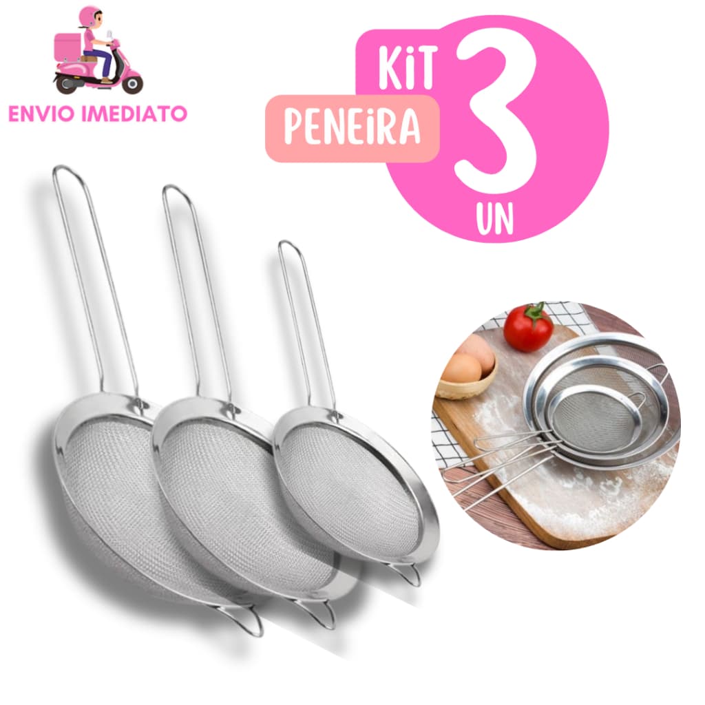 Kit 3 Peneira Coador de Suco em Aço Inox Multifuncional  Para Farinhas Alimentos Frutas uso Cozinha 12cm 16cm 18cm