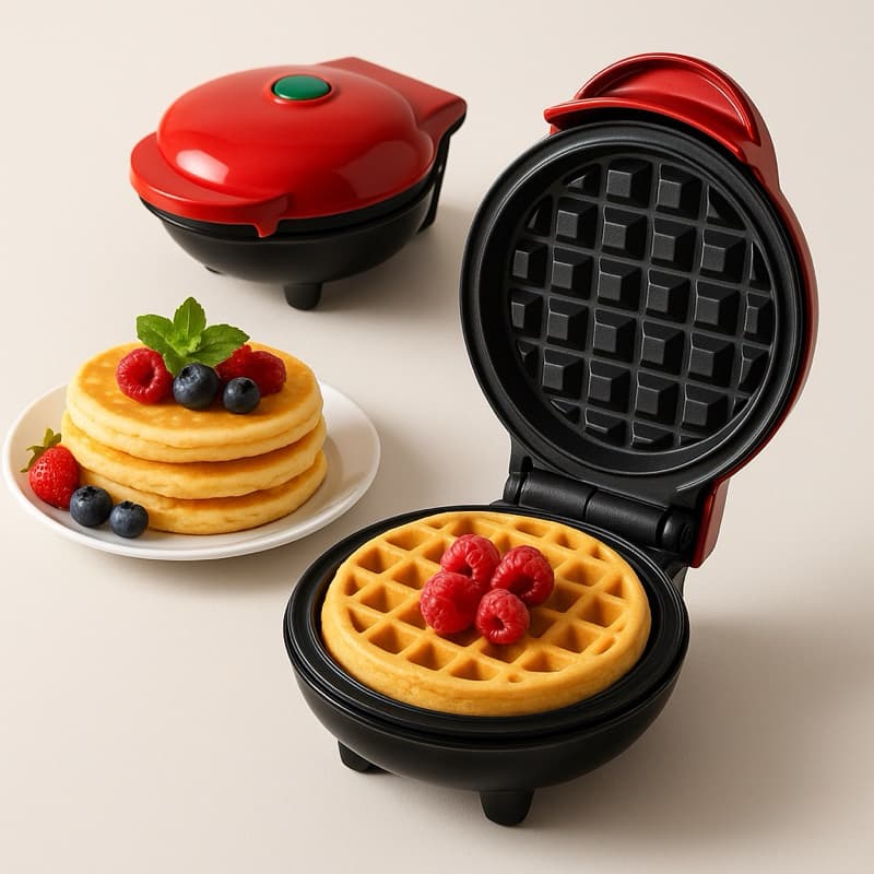 Mini Waffleira Elétrica Vermelha – Máquina de Waffle Antiaderente